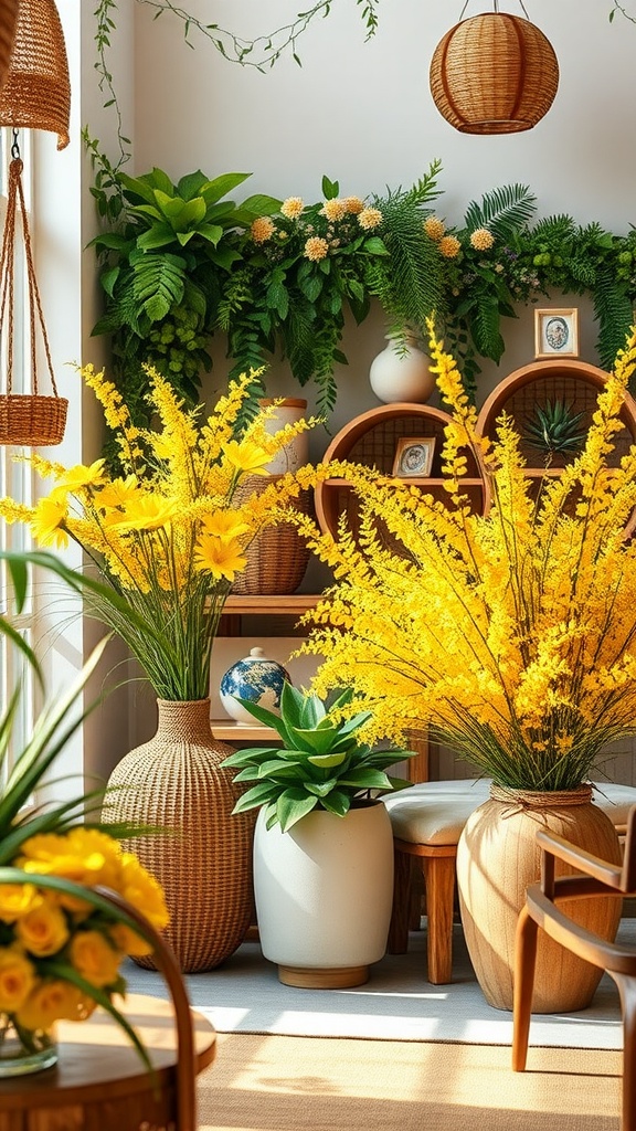Bright yellow floral arrangements in decorative pots with greenery, perfect for a bee-themed baby shower.