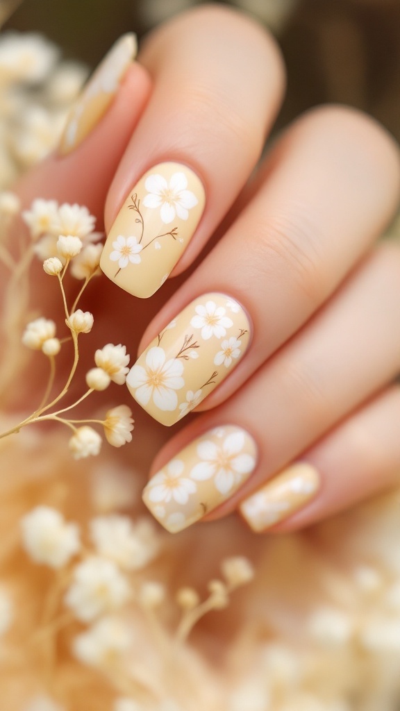 A close-up view of yellow floral nail design featuring delicate white flowers