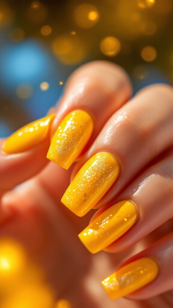 A hand with yellow nails featuring glitter accents, sparkling under bright light.