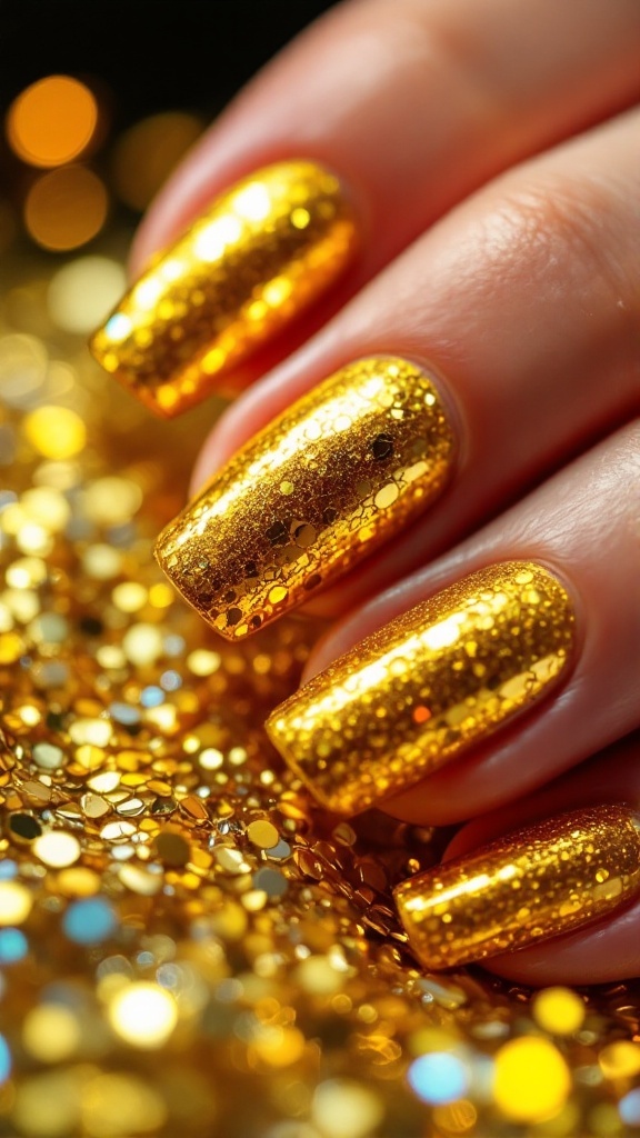 Close-up of hands with yellow glitter nail design