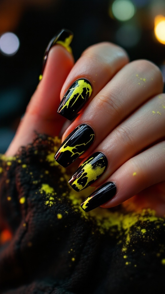 Nails with black polish and yellow neon accents in a drip design