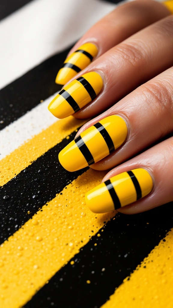 Nail design featuring yellow stripes with black contrast on a black and yellow striped background.