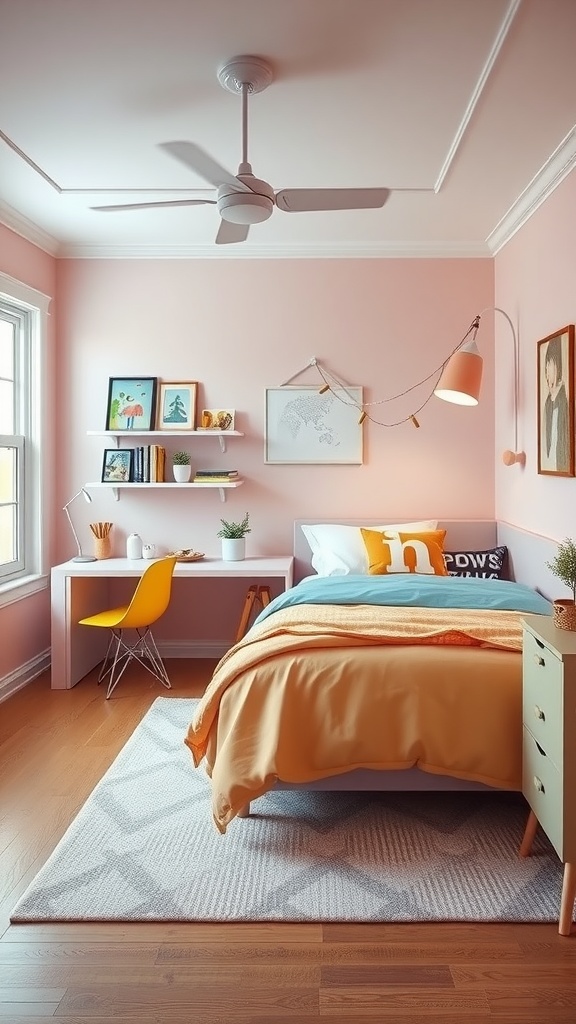 A youthful bedroom with pink walls, colorful bedding, a white desk, and playful decor.