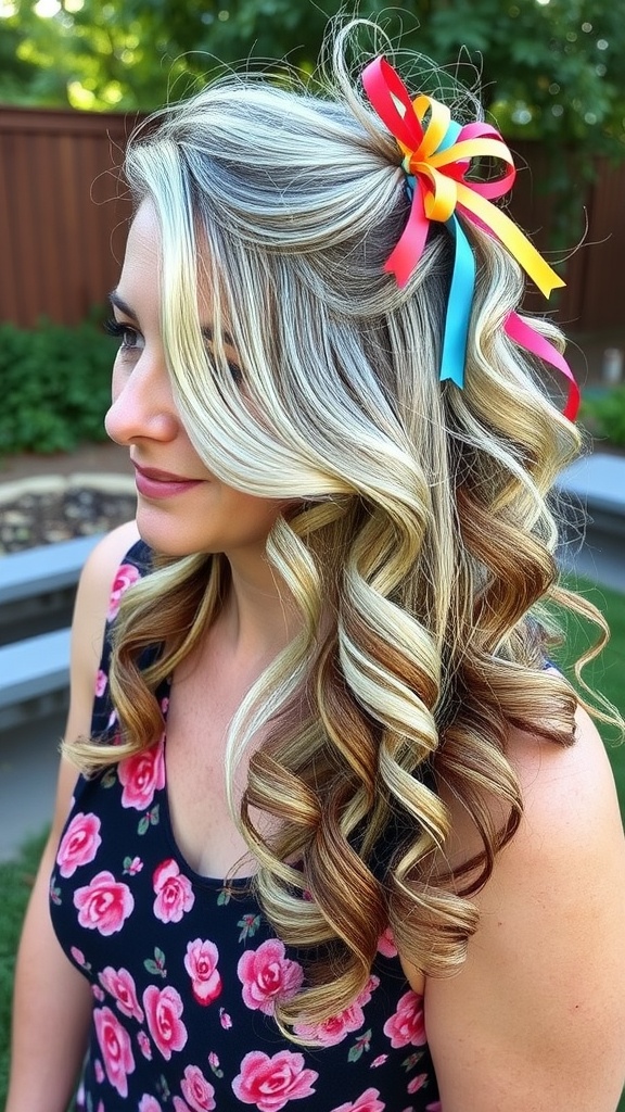 A girl with a side part half up half down hairstyle, featuring playful buns and colorful accessories, smiling in a garden.