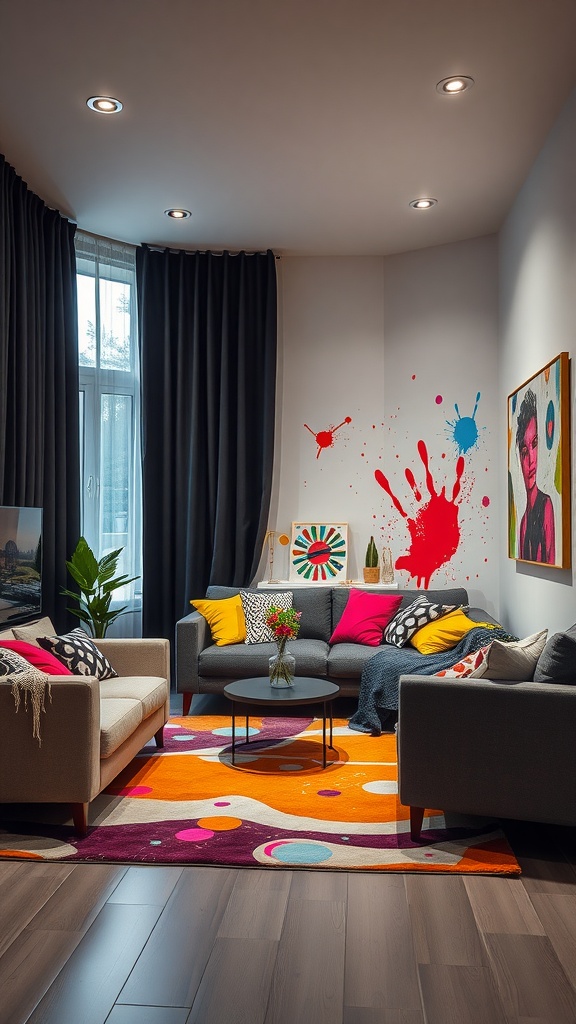 A colorful living room featuring black curtains, bright throw pillows, and a playful rug.
