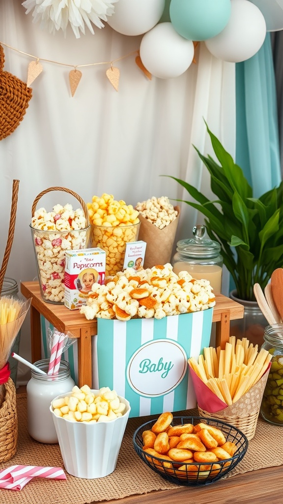 Popcorn station at a baby shower with various popcorn flavors and toppings.