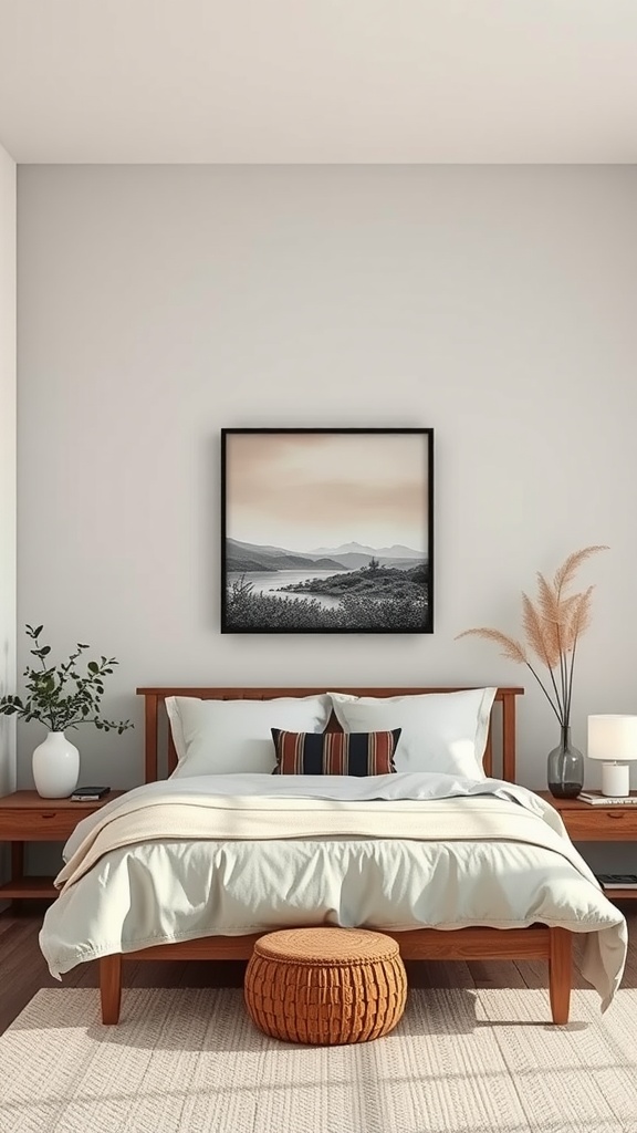 A serene Zen-inspired bedroom featuring a landscape artwork, wooden furniture, and natural decor elements.