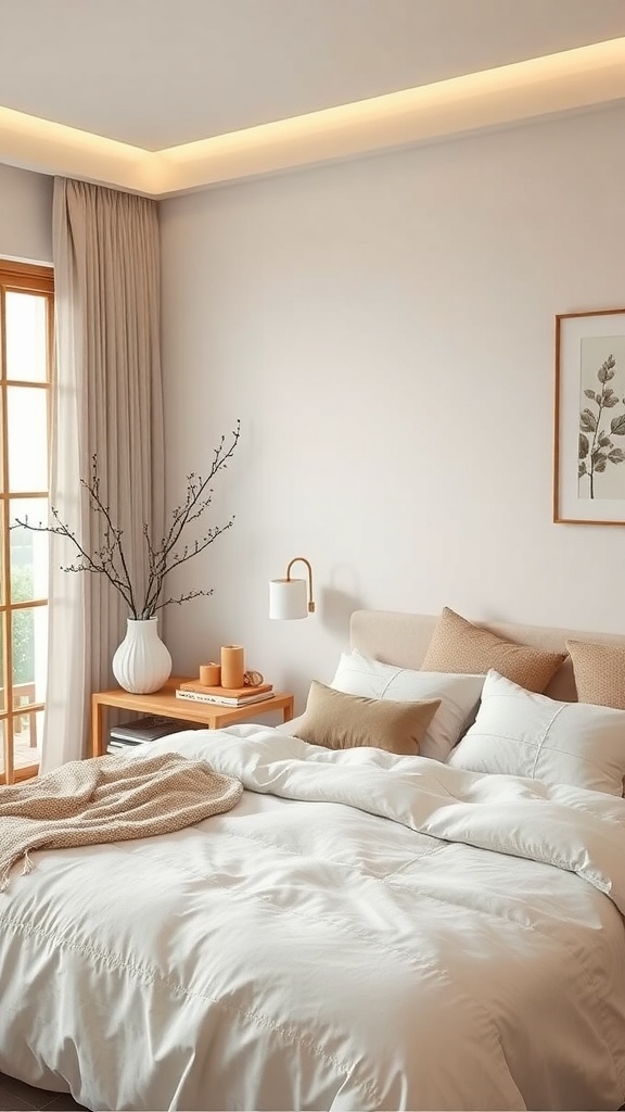 A serene Japandi bedroom featuring a cozy bed with white linens, a wooden nightstand, and natural decor accents.