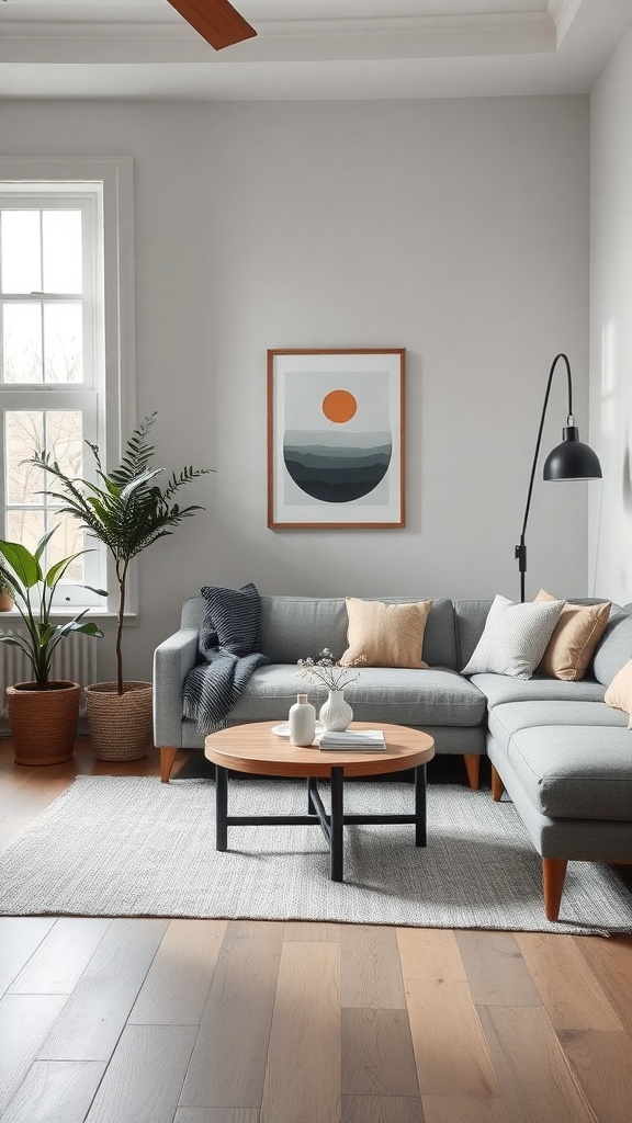 A zen-inspired grey living room featuring a grey sectional sofa, round coffee table, plants, and soft lighting.