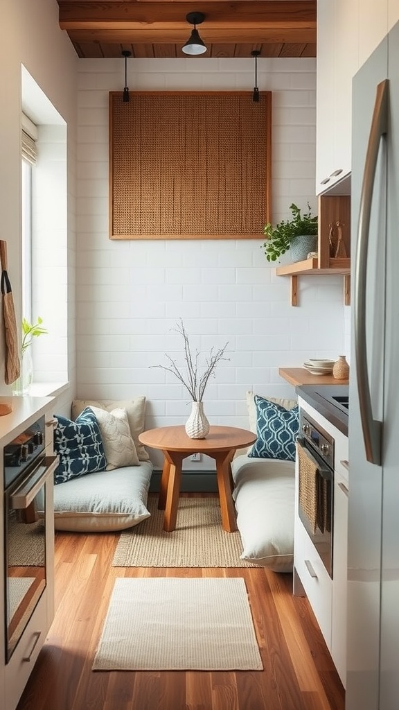 Cozy kitchen nook with pillows, a wooden table, and plants.