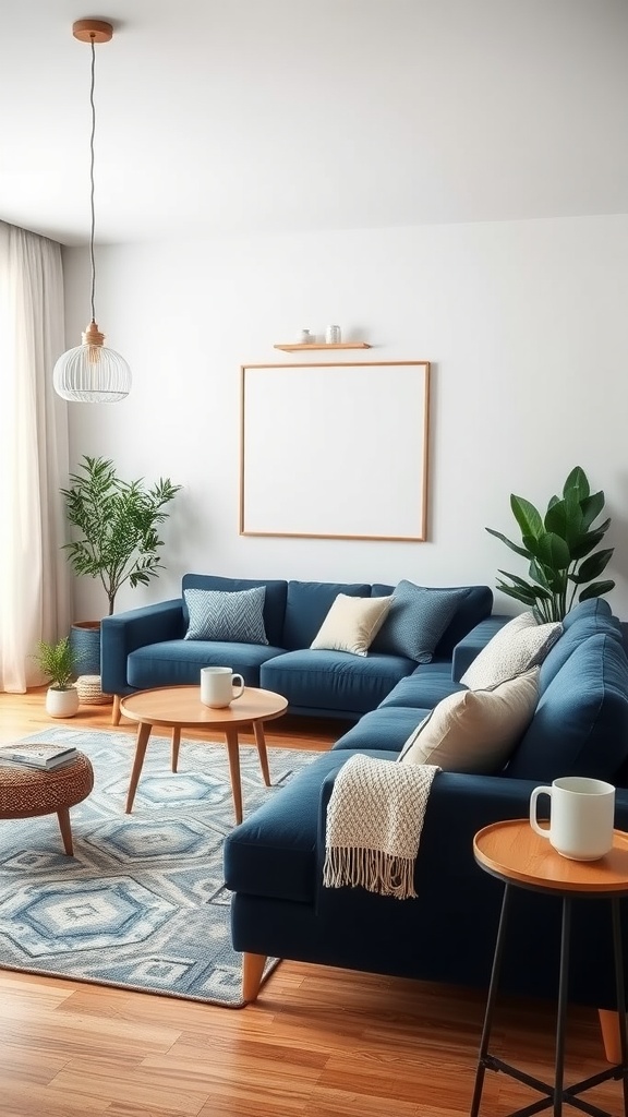A cozy living room featuring a navy blue sofa, wooden coffee tables, and plants, creating a relaxing atmosphere.