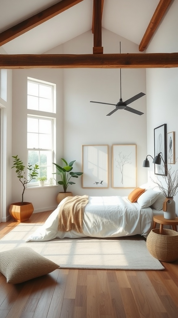 A serene loft bedroom with high ceilings, a cozy bed, and natural light from large windows.