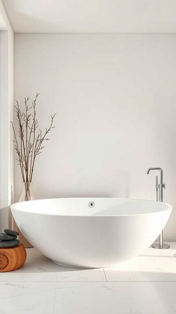 A serene bathroom featuring a freestanding white bathtub, a vase with branches, and a stack of smooth stones.