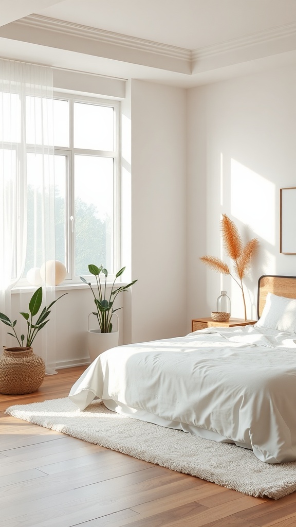 A bright and serene zen-inspired bedroom with plants, a cozy rug, and natural light.