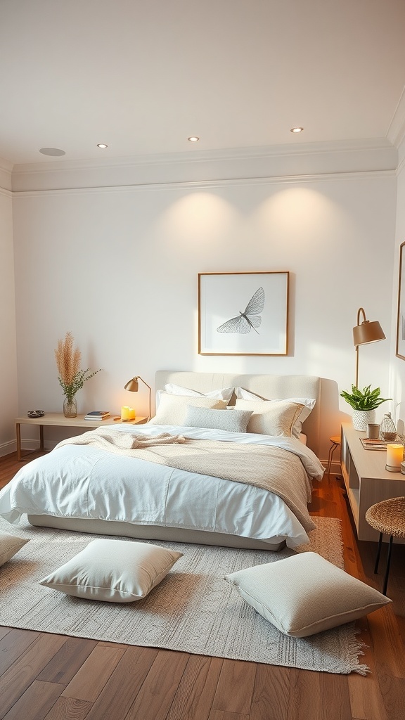 A serene bedroom with soft bedding, scattered pillows, and warm lighting, creating a calming atmosphere.