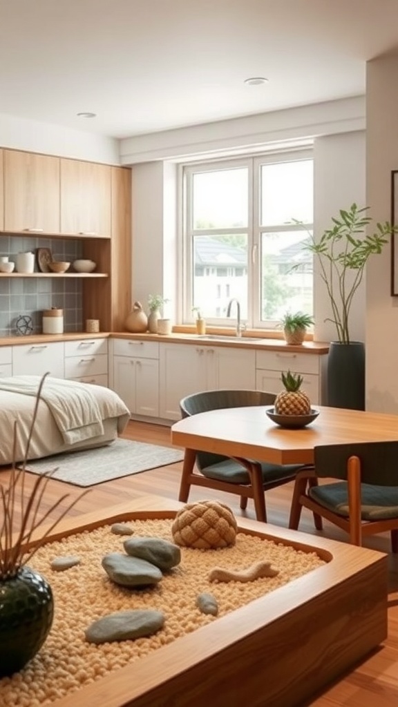 A cozy Japandi kitchen featuring a zen garden with stones and sand, wooden furniture, and plants.