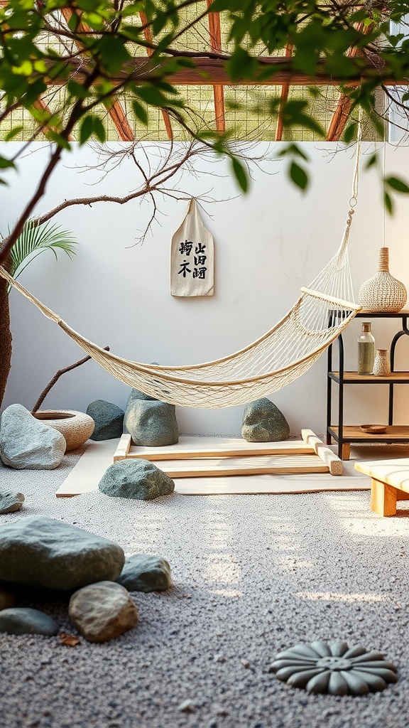 A serene zen garden with a hammock, surrounded by rocks and greenery.