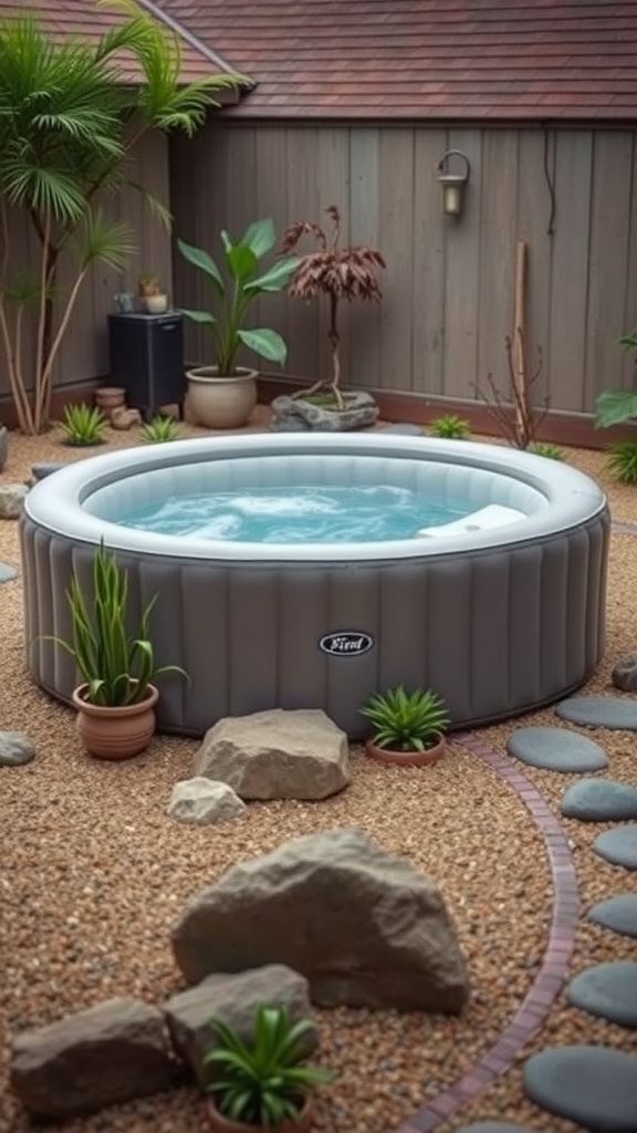 Inflatable hot tub in a zen garden with stones and plants