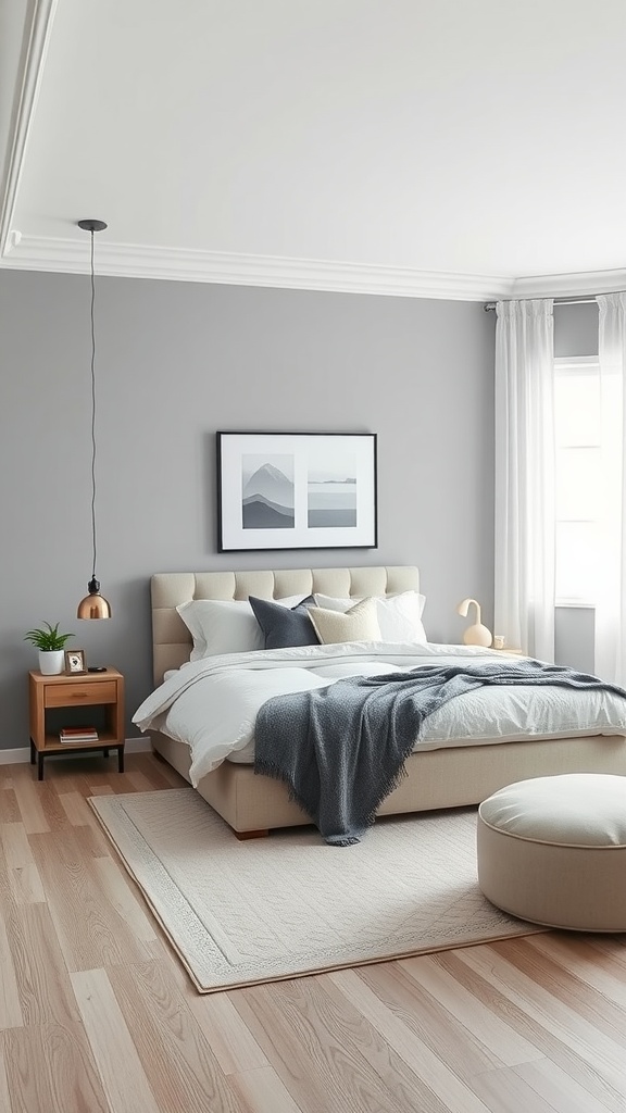 A minimalist gray bedroom featuring a bed with white linens, a gray throw, and a small nightstand with a plant.