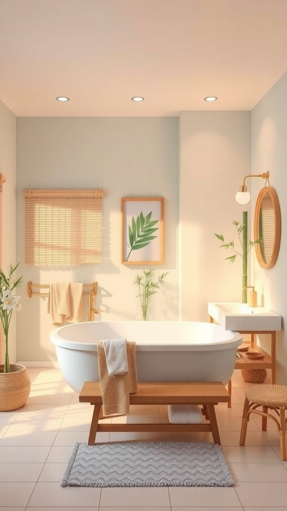 A serene bathroom with a freestanding bathtub, plants, and natural decor.