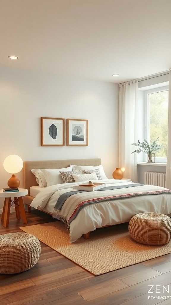 A serene basement bedroom designed as a Zen meditation space with soft colors, natural materials, and calming decor.