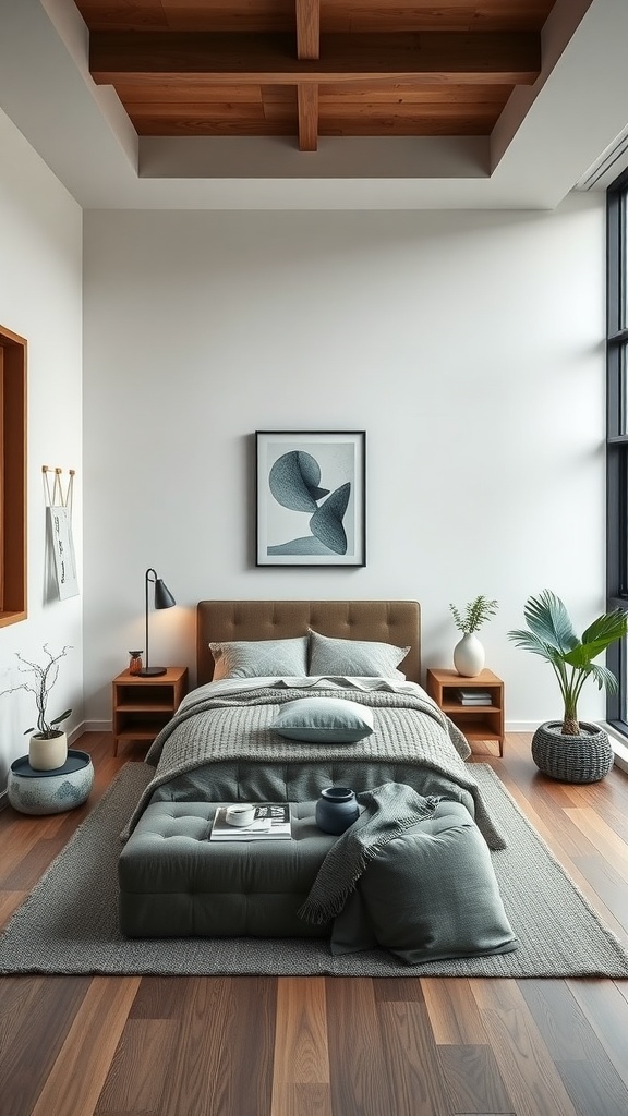 A minimalist bedroom with neutral tones, a cozy bed, and natural decor elements, creating a calming atmosphere.