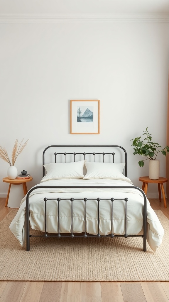 A simple metal bed frame in a serene bedroom setting with natural decor elements.