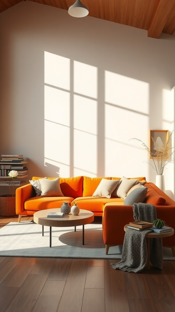 Bright living room featuring an orange sofa, round coffee table, and natural light.