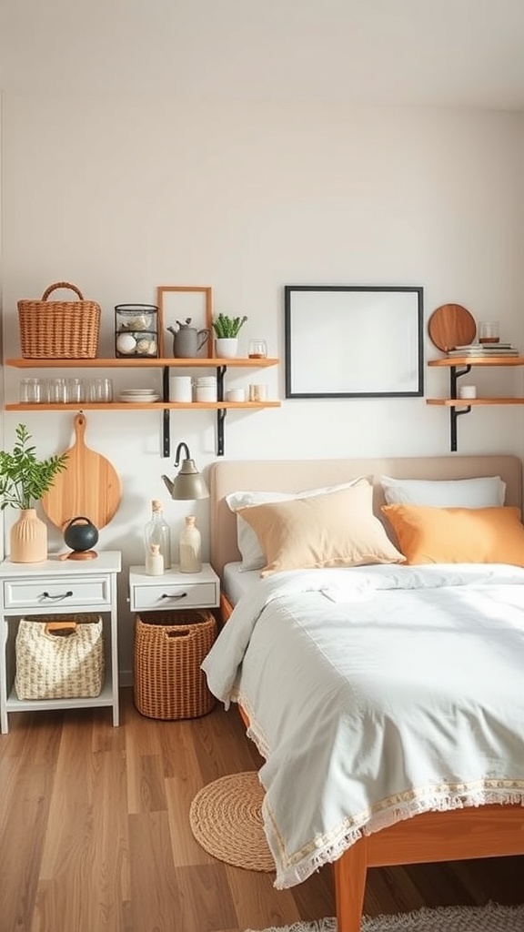 A cozy kitchen with natural elements, featuring open shelves, glass containers, and baskets for storage.