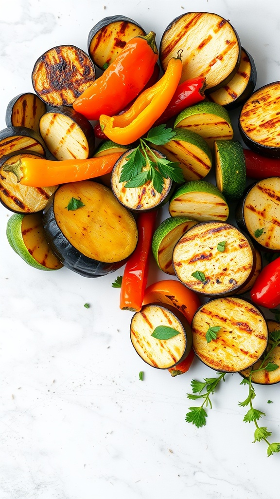 Grilled vegetables including peppers and zucchini on a platter.