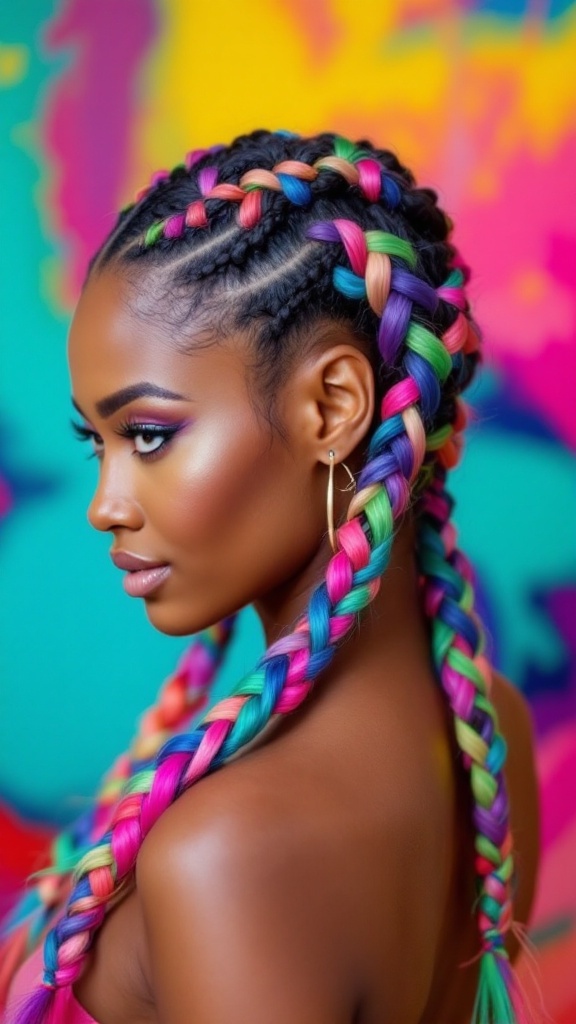 A profile view of a woman with zigzag braids featuring vibrant colorful extensions against a colorful background.