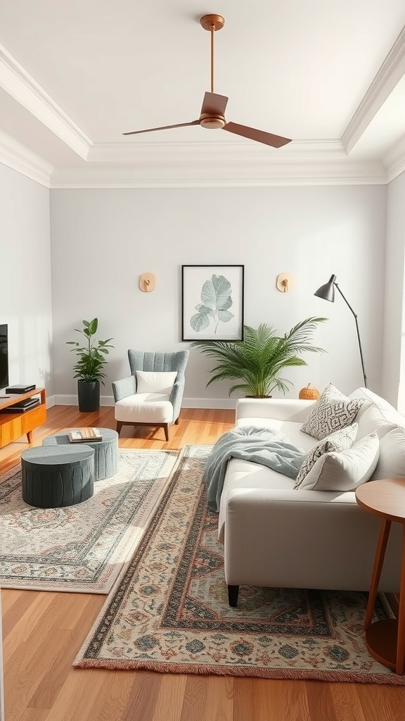 A cozy living room with a patterned rug defining the seating area, featuring a sofa, chairs, and a coffee table.