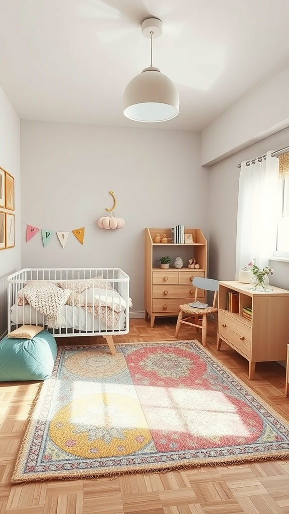 A cozy nursery featuring a crib, play area with a rug, and a simple decor.