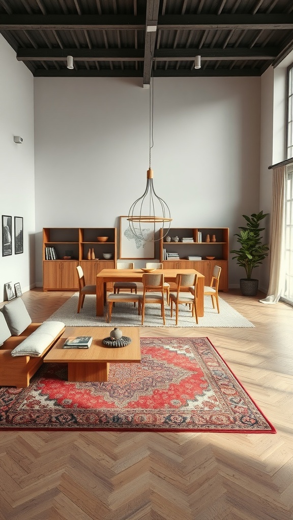 Open concept living room and kitchen with area rugs defining different zones.