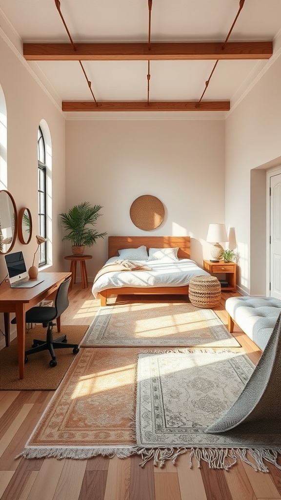 A long narrow bedroom featuring two rugs that define different areas, including a bed and a seating space.