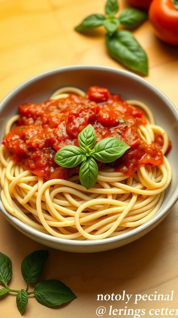 A bowl of zucchini noodles topped with tomato sauce and fresh basil leaves.
