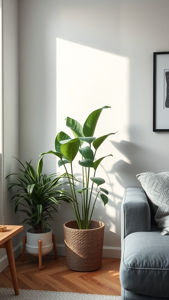 A cozy living room corner featuring a ZZ plant and another plant in stylish pots.