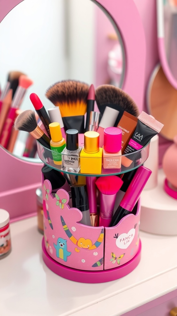 15 Stylish Rotating Makeup Organizers for Effortless Beauty Storage 10 Colorful rotating makeup organizer filled with various makeup products.