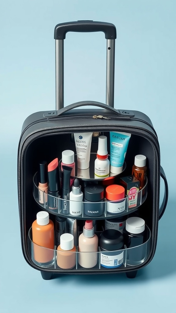 15 Stylish Rotating Makeup Organizers for Effortless Beauty Storage 8 A compact rotating makeup organizer with various beauty products neatly arranged inside.