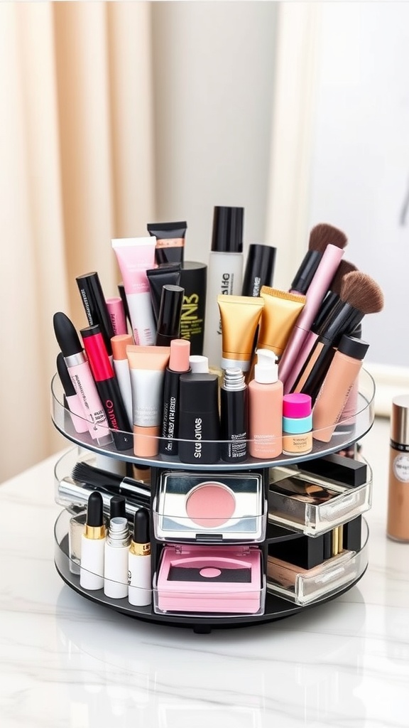 15 Stylish Rotating Makeup Organizers for Effortless Beauty Storage 15 Customizable rotating makeup organizer displaying various makeup products.