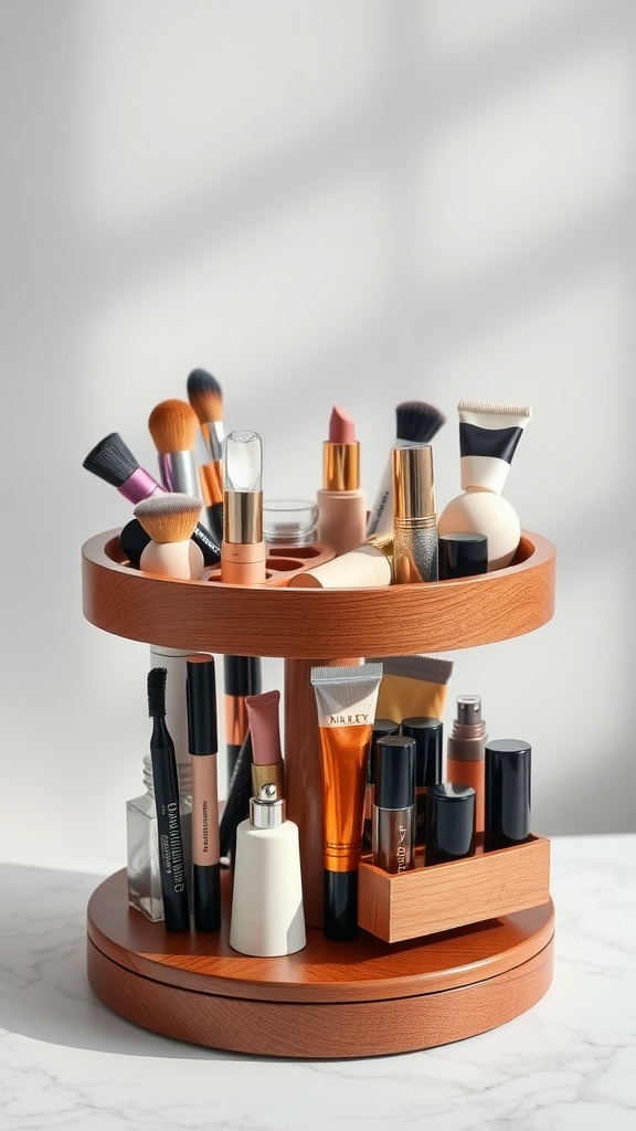 15 Stylish Rotating Makeup Organizers for Effortless Beauty Storage 1 An elegant wooden rotating makeup stand filled with various makeup products and brushes.