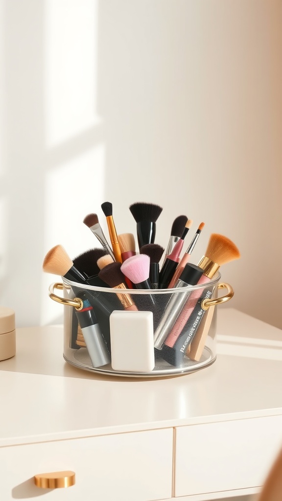 15 Stylish Rotating Makeup Organizers for Effortless Beauty Storage 9 A clear rotating makeup caddy filled with various makeup brushes and products, featuring gold handles.