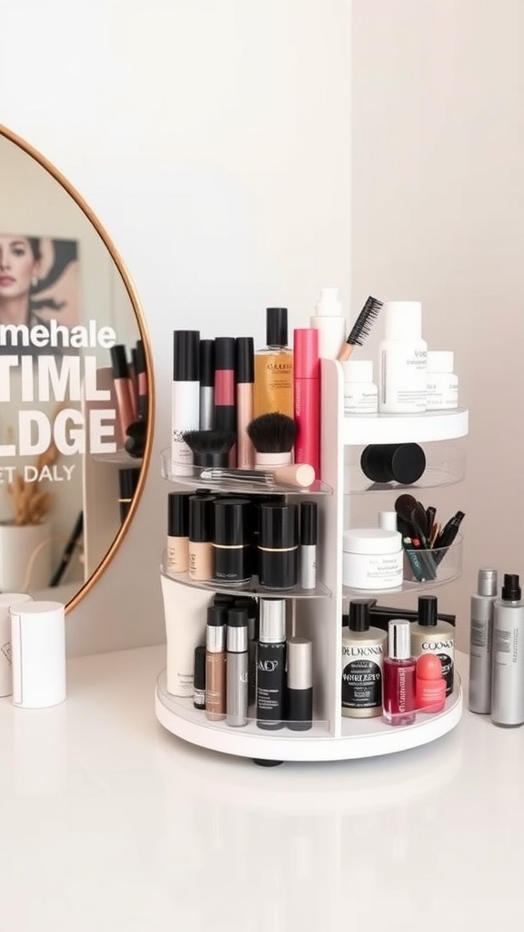 15 Stylish Rotating Makeup Organizers for Effortless Beauty Storage 11 A rotating makeup organizer displaying various beauty products on a vanity.