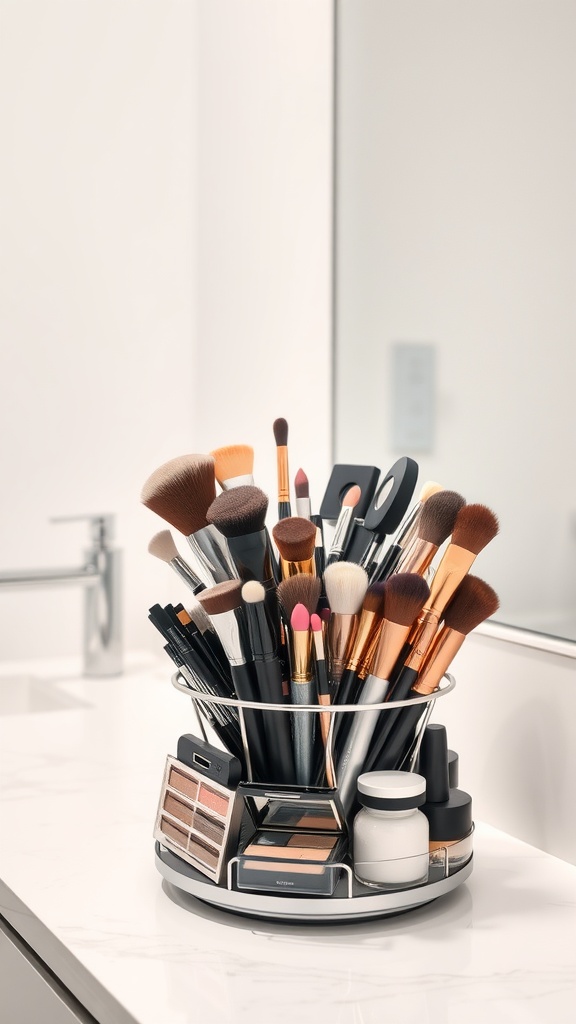 15 Stylish Rotating Makeup Organizers for Effortless Beauty Storage 2 A spinning makeup organizer filled with various makeup brushes and products on a bathroom counter.