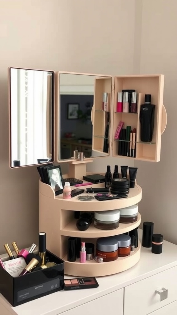 15 Stylish Rotating Makeup Organizers for Effortless Beauty Storage 5 A stylish rotating makeup organizer with a mirror, showcasing various makeup products.