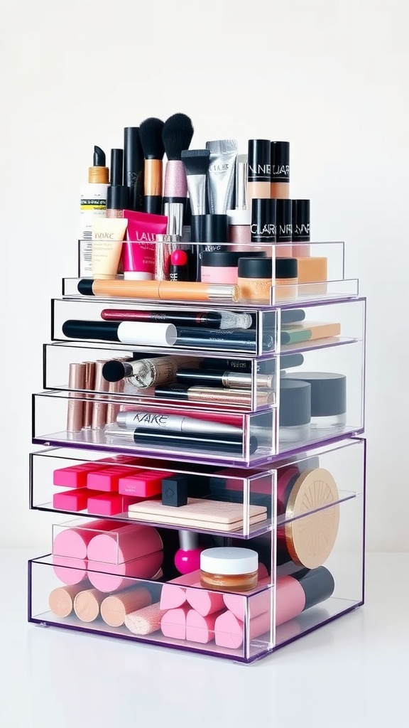 15 Stylish Rotating Makeup Organizers for Effortless Beauty Storage 3 A tiered makeup organizer with various beauty products neatly arranged in drawers.
