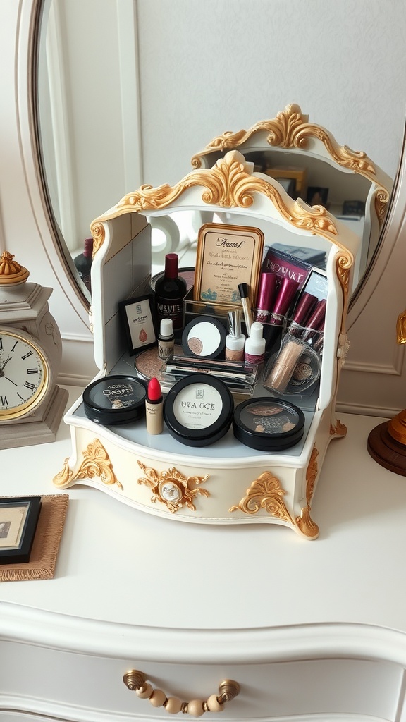 15 Stylish Rotating Makeup Organizers for Effortless Beauty Storage 16 A vintage-inspired rotating makeup box filled with various makeup products, featuring golden accents and a mirror.