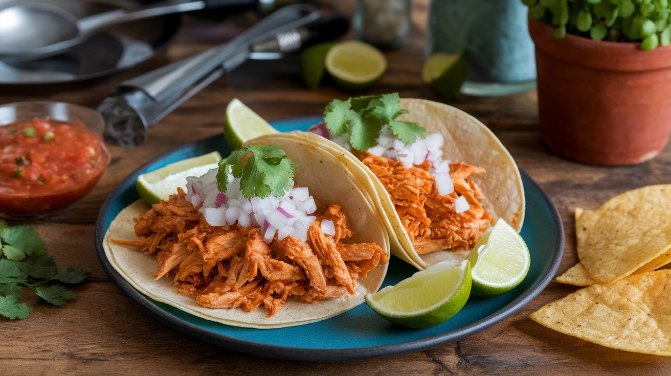 Two authentic Mexican shredded chicken tacos topped with onions and cilantro, served with lime wedges and salsa.