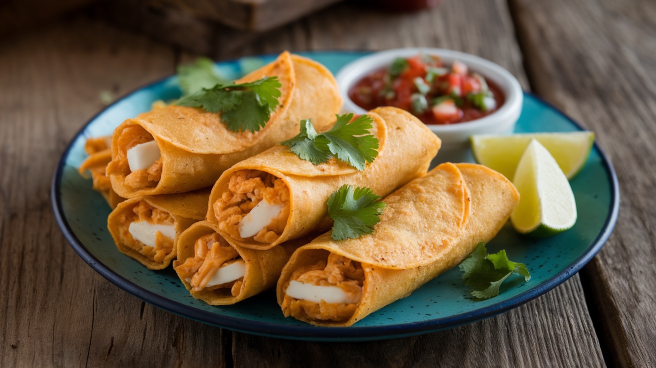 Plate of baked chicken and cheese taquito tacos with salsa and lime wedges.