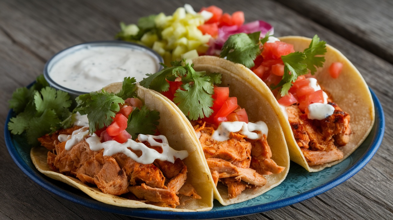 A plate of BBQ Ranch Chicken Tacos with creamy ranch sauce and fresh toppings.